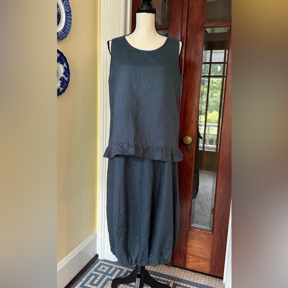 Chalet et Ceci | 100% Linen Midi Bubble Skirt & Sleeveless Top w/Ruffle Hem, M